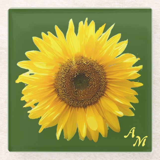 Monogram & beautiful sunflower on green forest glass coaster (Front)
