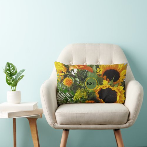 Monogram Beautiful Sunflowers Autumn Print 13x21 Lumbar Pillow