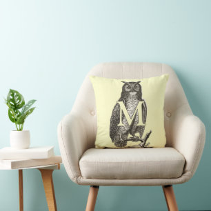 Monogram Beautiful Vintage Ilustration of Owl Throw Pillow