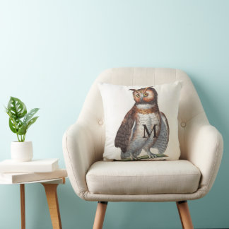 Monogram Beautiful Vintage Ilustration of Owl Throw Pillow