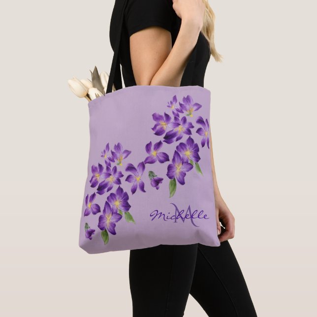 Monogram Beautiful Violet Flowers Tote Bag (Close Up)