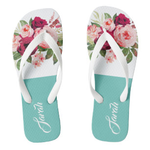 Monogram beautiful watercolor floral Blue Burgundy Flip Flops