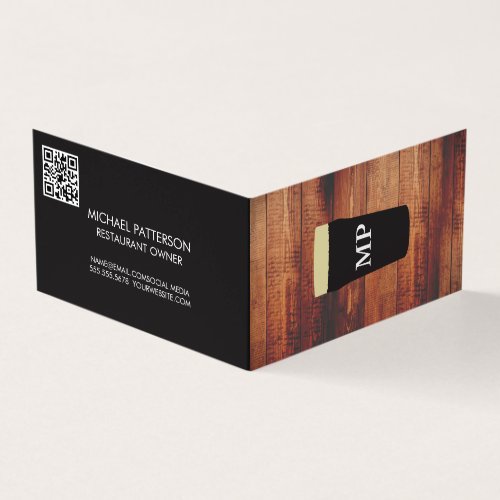 Monogram  Beer Glass  Wood Background  QR Code Business Card