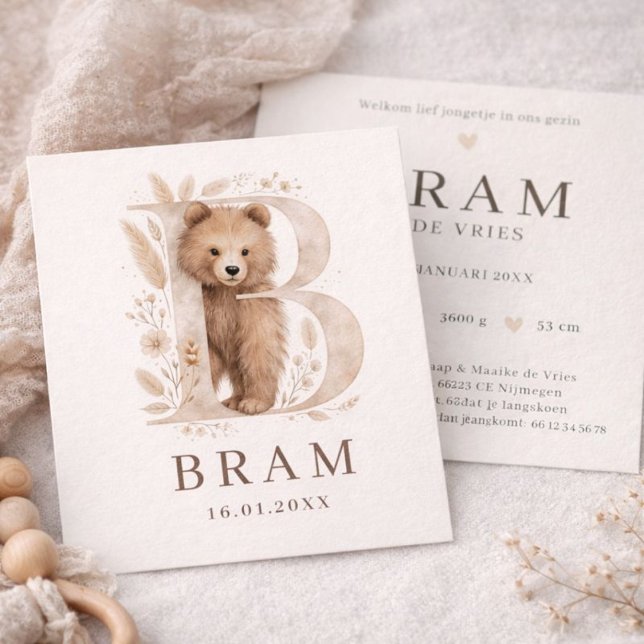 Monogram Beer Neutraaal Bosdier Jongen Geboorte Card (Creator Uploaded)