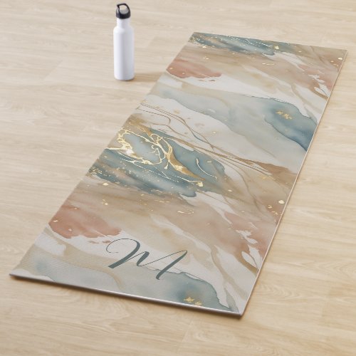 Monogram Beige  Blue Watercolor Abstract Marble Yoga Mat