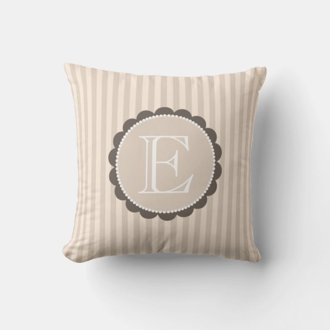Monogram Beige Brown White Scalloped Stripes Throw Pillow (Front)