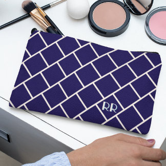 Monogram Beige & Navy Blue Stylish Trellis Pattern Accessory Pouch
