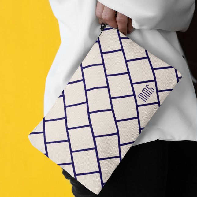 Monogram Beige & Navy Blue Stylish Trellis Pattern Accessory Pouch (Creator Uploaded)