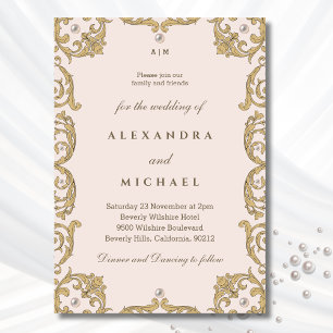 Monogram Beige Ornate Victorian Vintage Wedding Invitation