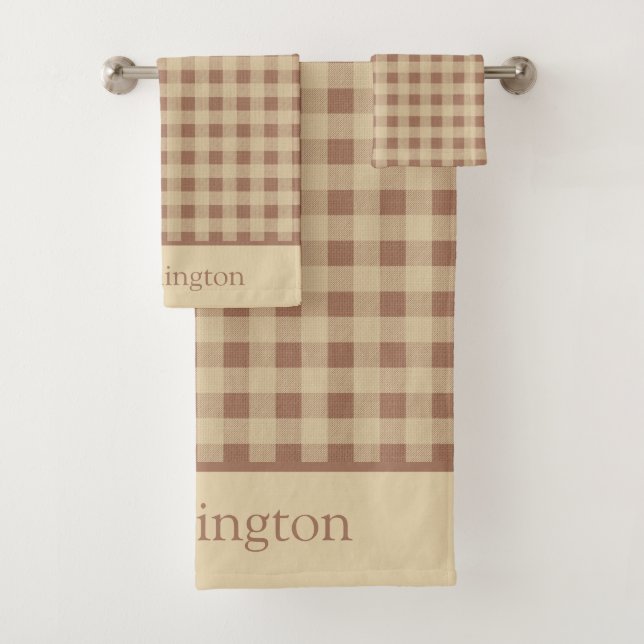 Monogram Beige Rust Buffalo Plaid Rustic Country Bath Towel Set (Insitu)