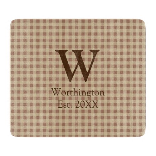 Monogram Beige Rust Buffalo Plaid Rustic Country Cutting Board