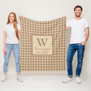 Monogram Beige Rust Buffalo Plaid Rustic Country Fleece Blanket
