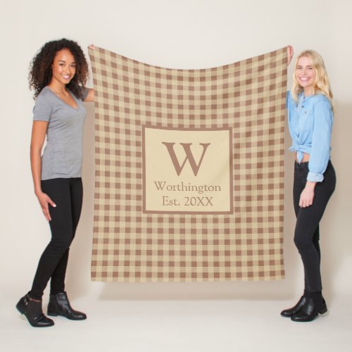 Monogram Beige Rust Buffalo Plaid Rustic Country  Fleece Blanket