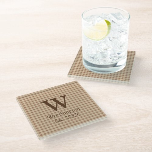 Monogram Beige Rust Buffalo Plaid Rustic Country  Glass Coaster