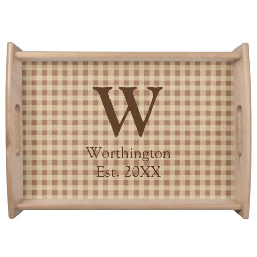 Monogram Beige Rust Buffalo Plaid Rustic Country Serving Tray