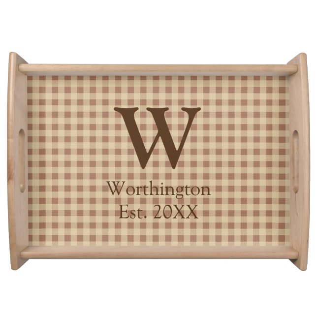 Monogram Beige Rust Buffalo Plaid Rustic Country Serving Tray (Front)