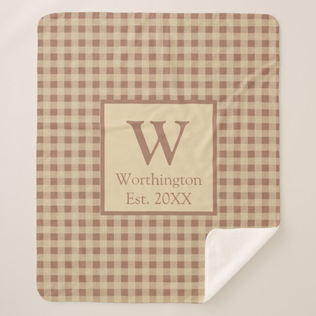 Monogram Beige Rust Buffalo Plaid Rustic Country  Sherpa Blanket (Front)