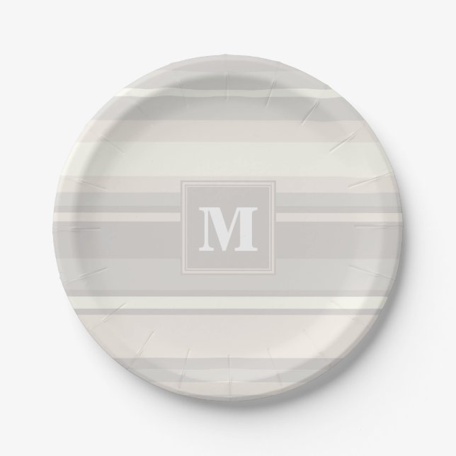 Monogram beige stripes paper plates (Front)