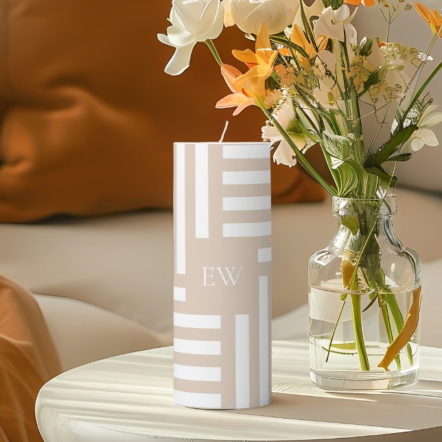Monogram Beige White Stripes Custom Birthday Gift Pillar Candle (Creator Uploaded)