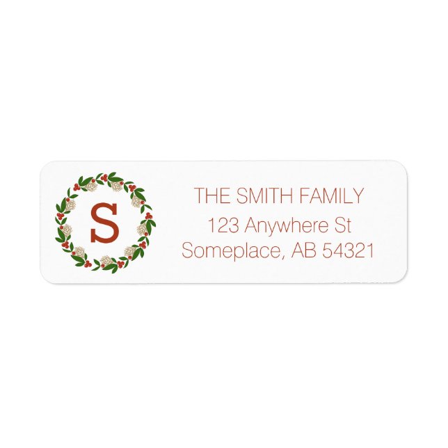 Monogram Berry Magnolia Leaf Holiday Wreath Labels (Front)