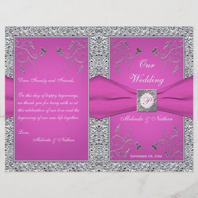 Monogram Berry Pink, Silver Floral Wedding Program (Front)
