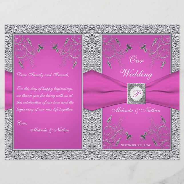 Monogram Berry Pink, Silver Floral Wedding Program (Front)