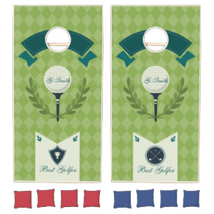 Monogram. Best Golfer. Green Argyle. Cornhole Set