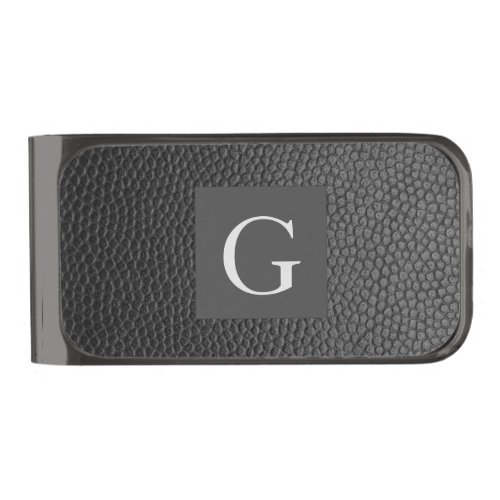 Monogram Best Man Groomsman Black Leather Print Gunmetal Finish Money Clip