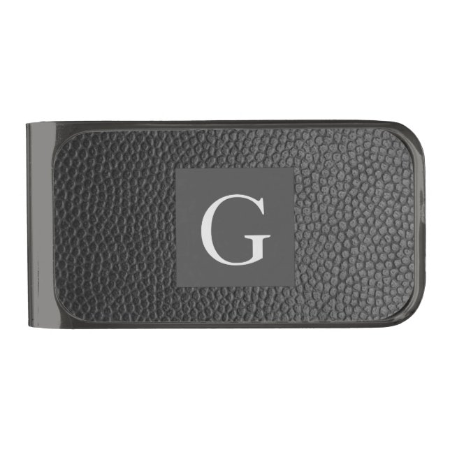 Monogram Best Man Groomsman Black Leather Print Gunmetal Finish Money Clip (Front)