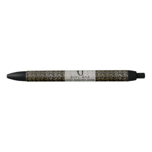 Monogram Best Man Groomsmen Black Gold Damask Pen