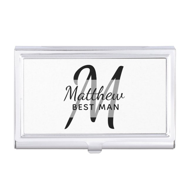 Monogram BEST MAN Groomsmen Groomsman Add Name Business Card Case (Front)