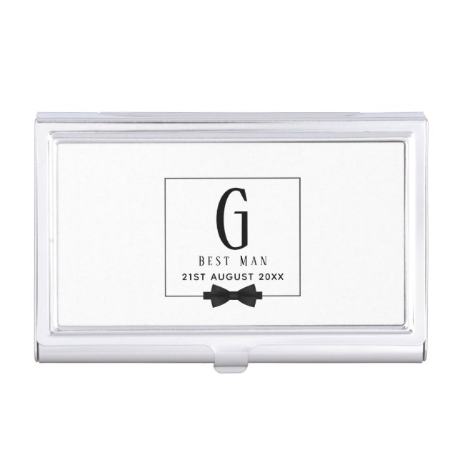 Monogram BEST MAN Groomsmen Groomsman Black Tie Business Card Case (Front)