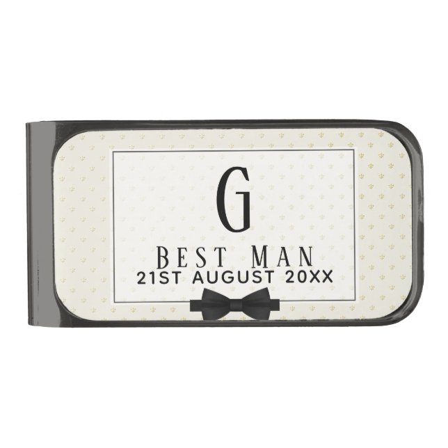 Monogram BEST MAN Groomsmen Groomsman Fleurdelis Gunmetal Finish Money Clip (Front)