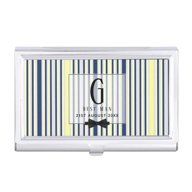 Monogram BEST MAN Groomsmen Groomsman Navy Yellow Business Card Case (Front)