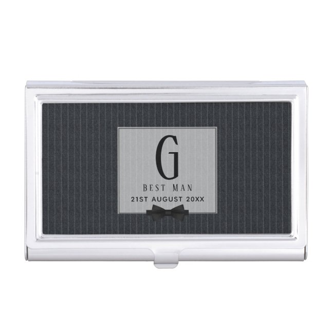 Monogram BEST MAN Groomsmen Groomsman PinStripes Business Card Case (Front)