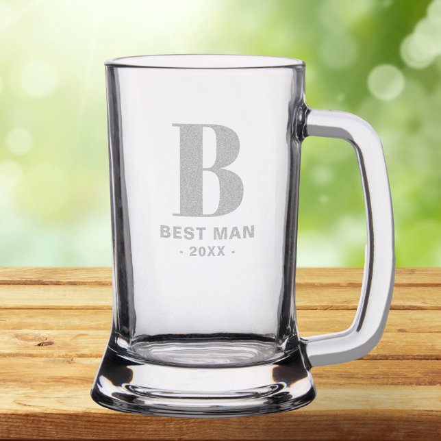 Monogram Best Man Modern Minimal Beer Mug  Stein (Stylishly Personalize with Your Custom Monogram Initial and Date.)