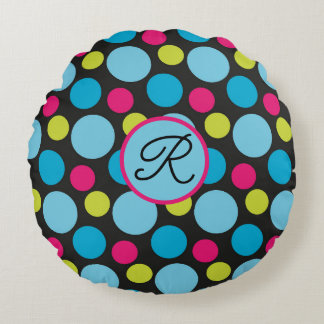 Monogram Big Dots Pattern Colorful, Hot Pink, Blue Round Pillow