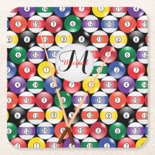 Monogram Billiard Pool Ball Design Square Paper Coaster