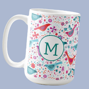 Monogram Bird Floral Watercolor Coffee Mug