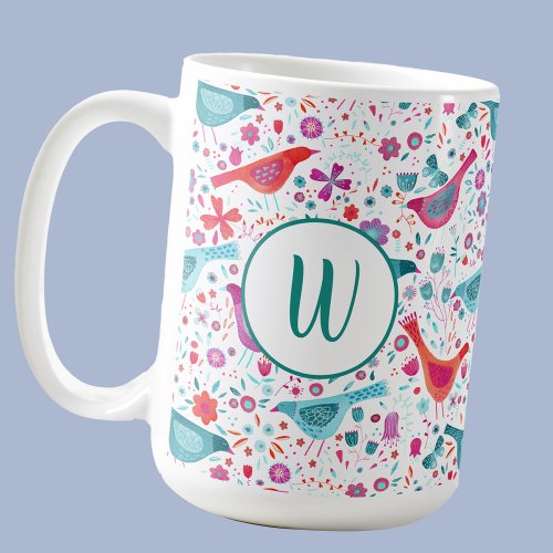 Monogram Bird Floral Watercolor Coffee Mug