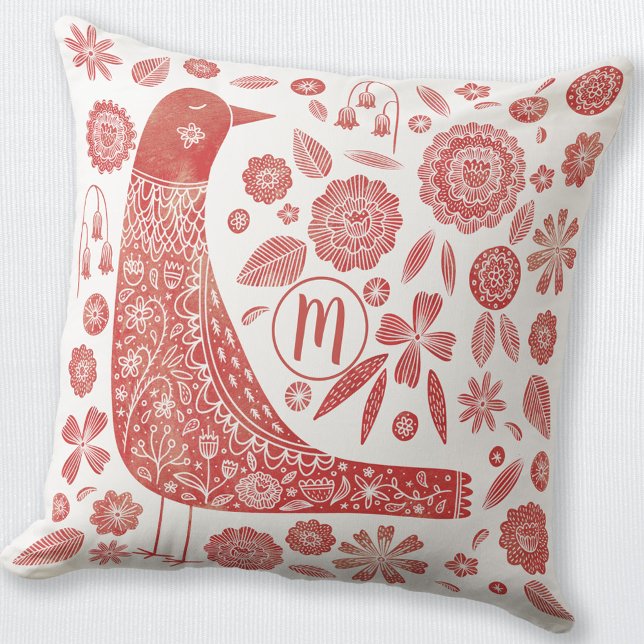 Monogram Bird Red White Throw Pillow (Red and white monogram initial personalized folk art Scandinavian bird and flower throw pillow)