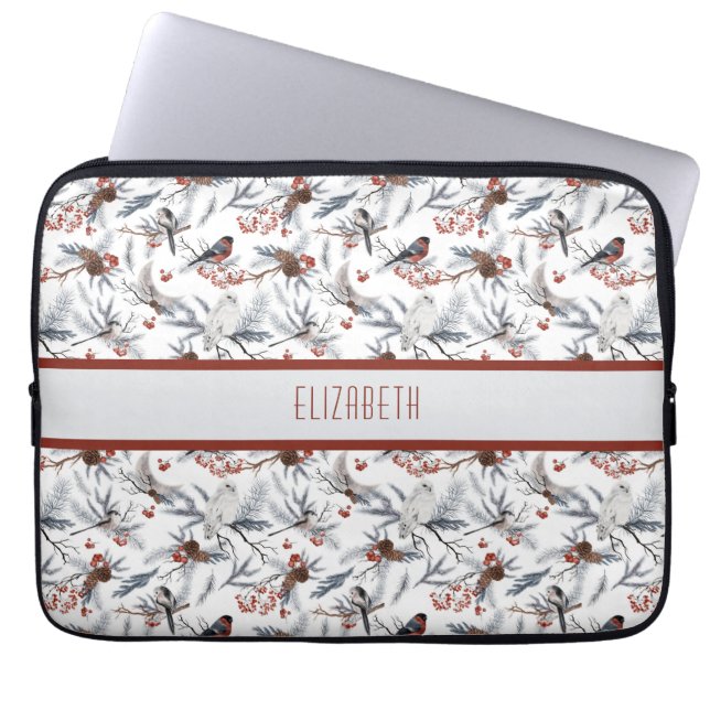 Monogram Bird White Gray Silver Branch Red Berries Laptop Sleeve (Front)