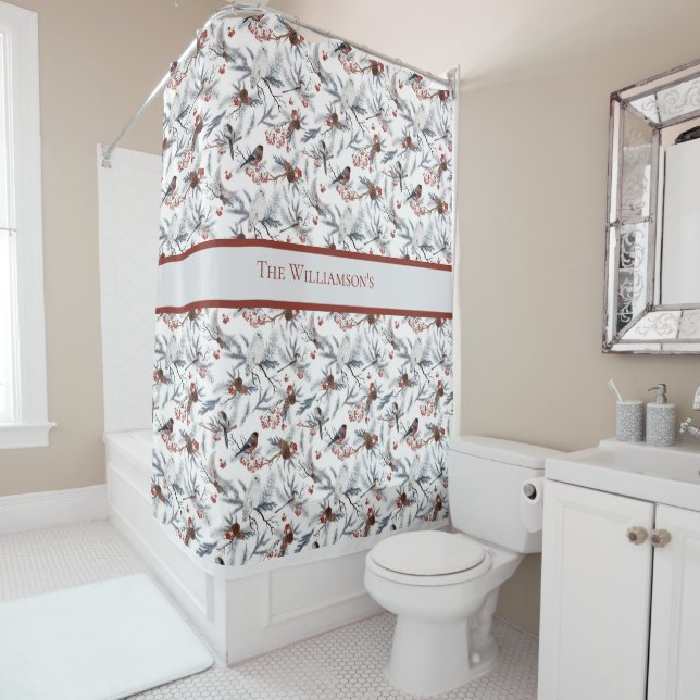 Monogram Bird White Gray Silver Branch Red Berries Shower Curtain (In Situ)