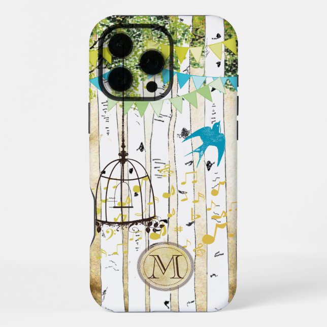 Monogram Birdcage Cute Bird Birch Tree iPhone Case (Back)