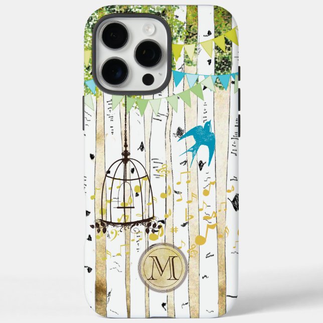 Monogram Birdcage Cute Bird Birch Tree iPhone Case (Back)