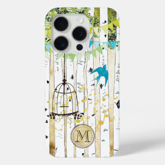 Monogram Birdcage Cute Bird Birch Tree iPhone Case
