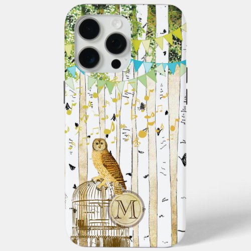 Monogram Birdcage Vintage Owl Birch Tree iPhone iPhone 15 Pro Max Case