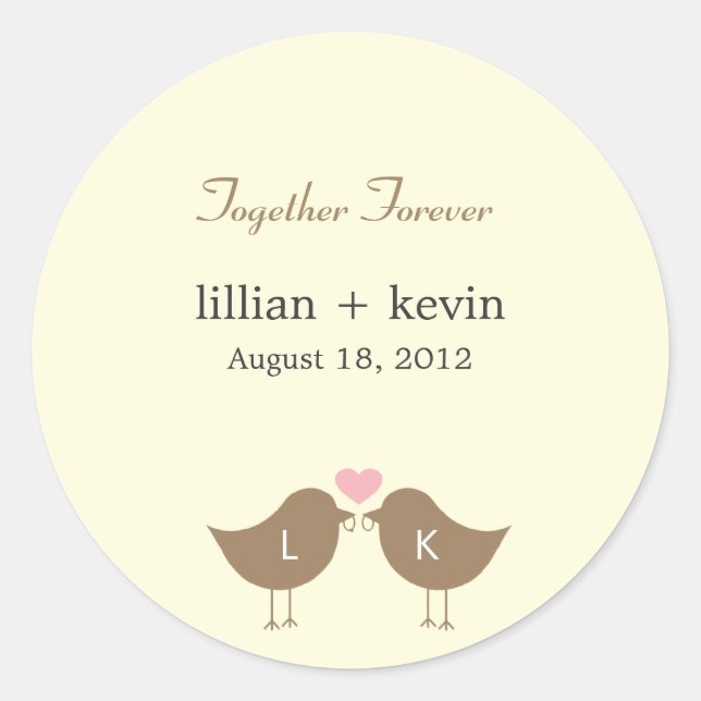 Monogram Birds Wedding Favor Sticker - Latte (Front)