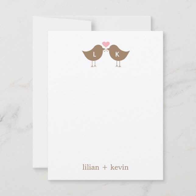Monogram Birds Wedding Flat Thank You Card - Latte (Front)