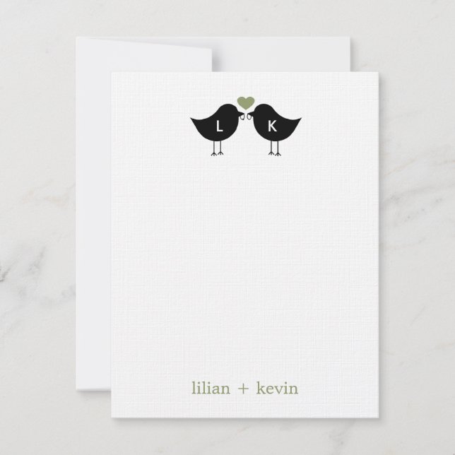 Monogram Birds Wedding Flat Thank You Card - Sage (Front)